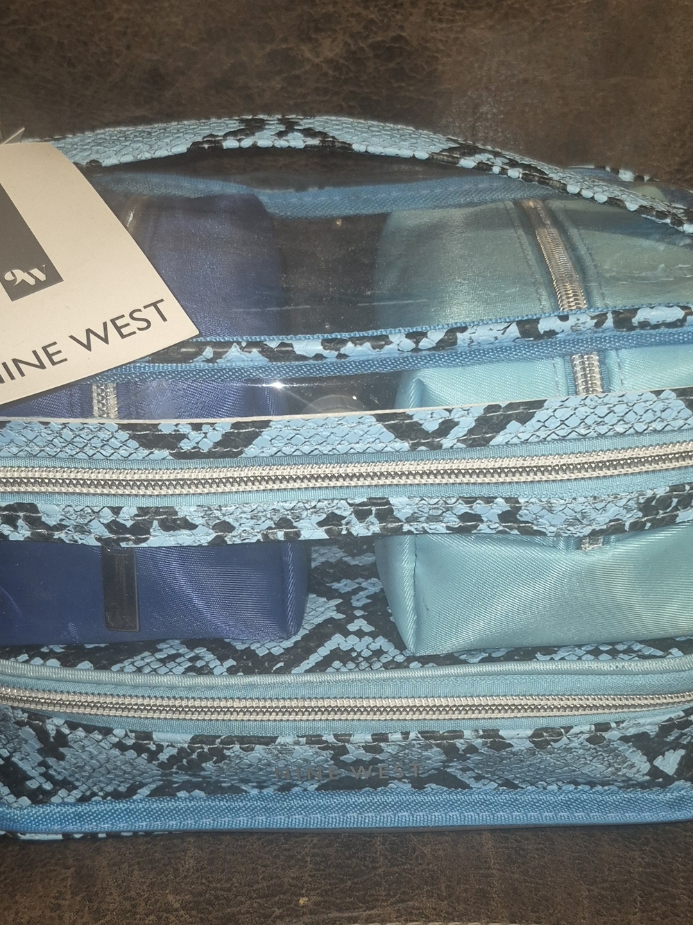 Nine West Turquoise Blue Snake-Print Clear Top Cosmetic Set